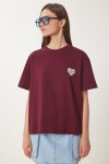 Şık Taşlı Kalp Detaylı Örme T-shirt BORDO LCR0066