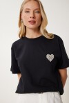 Şık Taşlı Kalp Detaylı Örme T-shirt SİYAH LCR0066