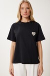 Şık Taşlı Kalp Detaylı Örme T-shirt SİYAH LCR0066