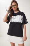 Sloganlı Boncuk İşlemeli Pamuklu T-shirt SİYAH LCR0037