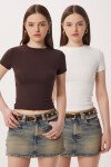 2’li Paket Bisiklet Yaka Basic Örme T-shirt KAHVERENGİ KEMİK LDZ0066