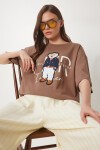 Ayıcık Armalı Pamuklu Oversize Örme T-shirt KAHVERENGİ LCR0027