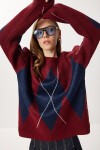 Baklava Desenli Oversize Triko Kazak BORDO LACİVERT LFN0124