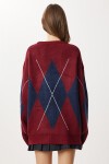 Baklava Desenli Oversize Triko Kazak BORDO LACİVERT LFN0124