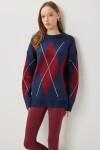 Baklava Desenli Oversize Triko Kazak LACİVERT BORDO LFN0124