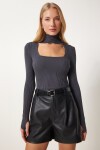 Cut Out Detaylı Dik Yaka Fitilli Triko Kazak ANTRASİT LFN0009