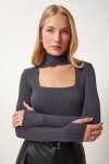 Cut Out Detaylı Dik Yaka Fitilli Triko Kazak ANTRASİT LFN0009