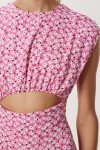 Desenli Cut Out Detaylı Viskon Elbise PEMBE BEYAZ LDP0073
