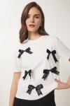 Fiyonklu Pamuklu Örme T-shirt EKRU LCR0028
