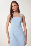 Halter Yaka Midi Dokuma Elbise GÖK MAVİ LFK0005