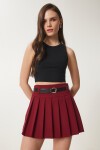 Kemerli Pileli Mini Dokuma Etek BORDO LDW0004