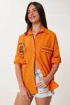 Nakış Detaylı Oversize Keten Gömlek ORANJ LDE0007