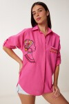 Nakış Detaylı Oversize Keten Gömlek PEMBE LDE0007