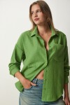 Oversize Basic Keten Ayrobin Gömlek KOYU ÇAĞLA YEŞİLİ LDD0009