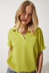 Polo Yaka Örme Krinkıl Bluz YAĞ YEŞİLİ LDD0007