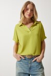 Polo Yaka Örme Krinkıl Bluz YAĞ YEŞİLİ LDD0007