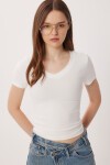 V Yaka Basic Örme T-shirt KEMİK LDZ0069