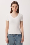 V Yaka Basic Örme T-shirt KEMİK LDZ0069