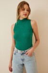 2li Balıkçı Yaka Kolsuz Örme Bluz YEŞİL PEMBE LGT0001