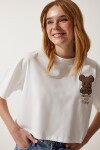 Ayıcık Armalı Crop Örme T-shirt EKRU LHF0008