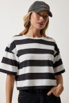 Bisiklet Yaka Çizgili Crop Örme T-shirt BEYAZ SİYAH LHF0007