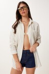 Çizgili Oversize Müslin Gömlek KREM HAKİ LGP0014