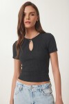 Cut Out Detaylı Crop Fitilli Örme Bluz ANTRASİT LEX0008