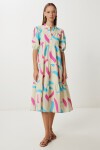 Desenli Volanlı Yazlık Dokuma Elbise SARI PEMBE LFG0069