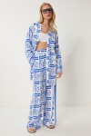 Desenli Yazlık Viskon Kimono Pantolon Takım MAVİ BEYAZ LJE0003