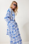 Desenli Yazlık Viskon Kimono Pantolon Takım MAVİ BEYAZ LJE0003