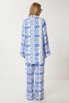 Desenli Yazlık Viskon Kimono Pantolon Takım MAVİ BEYAZ LJE0003