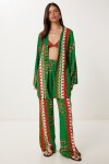 Desenli Yazlık Viskon Kimono Pantolon Takım YEŞİL ORANJ LJE0003