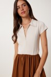 Esnek Örme Üstlü Poplin Etekli Elbise TABA KREM LFN0099