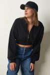 Fermuarlı Şardonlu Crop Örme Sweatshirt SİYAH LHF0012
