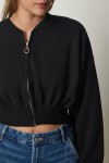 Fermuarlı Şardonlu Crop Örme Sweatshirt SİYAH LHF0012