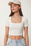 Kare Yaka Crop Örme Bluz EKRU LEX0005