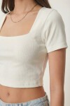 Kare Yaka Crop Örme Bluz EKRU LEX0005