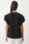 Volanlı Boncuk Detaylı Örme T-shirt SİYAH LEX0009
