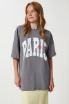 Baskılı Nakış İşlemeli Oversize Örme T-shirt FÜME LKT0015