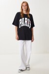 Baskılı Nakış İşlemeli Oversize Örme T-shirt SİYAH LKT0015
