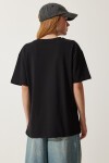 Bisiklet Yaka Nakışlı Oversize Örme T-shirt SİYAH LNJ0003