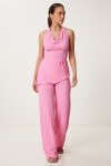 Boyundan Geçmeli Bluz Pantolon Esnek Örme Takım PEMBE LDP0048