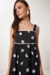 Çiçekli Midi Poplin Elbise SİYAH BEYAZ LNS0049