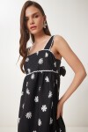 Çiçekli Midi Poplin Elbise SİYAH BEYAZ LNS0049