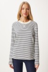 Çizgili Pamuklu Basic Örme Bluz EKRU LACİVERT LNJ0007