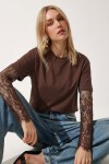 Dantel Detaylı Oversize Modal T-shirt KAHVERENGİ LNT0028