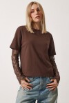 Dantel Detaylı Oversize Modal T-shirt KAHVERENGİ LNT0028