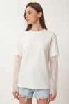Dantel Detaylı Oversize Modal T-shirt KEMİK LNT0028