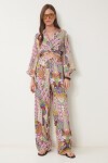 Desenli Saten Crop Alt Üst Takım KREM PEMBE LDP0041