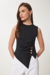 Düğmeli Büzgülü Asimetrik Kesim Örme Bluz SİYAH LFW0006